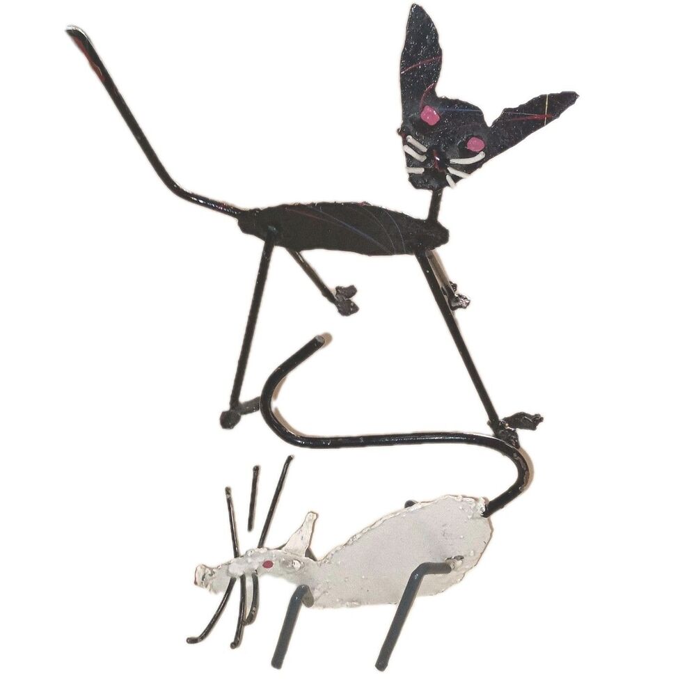 Vintage Metal Cat And Mouse One Of A Kind Handmade Painted Set Folk Art READ